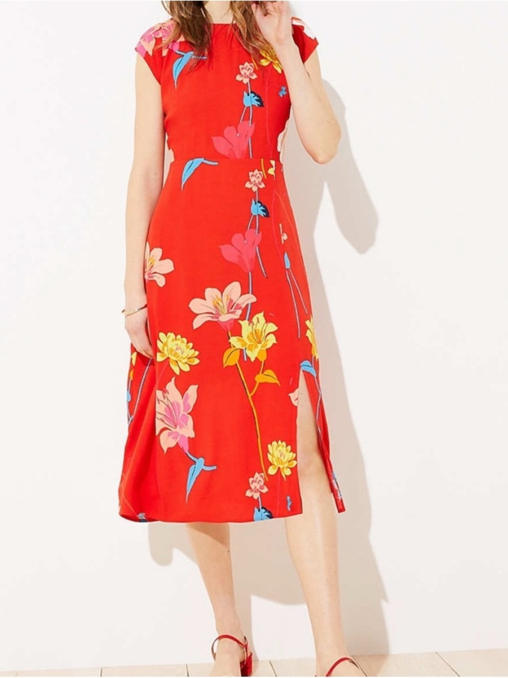 LOFT Red Floral Cap-Sleeve Midi Dress